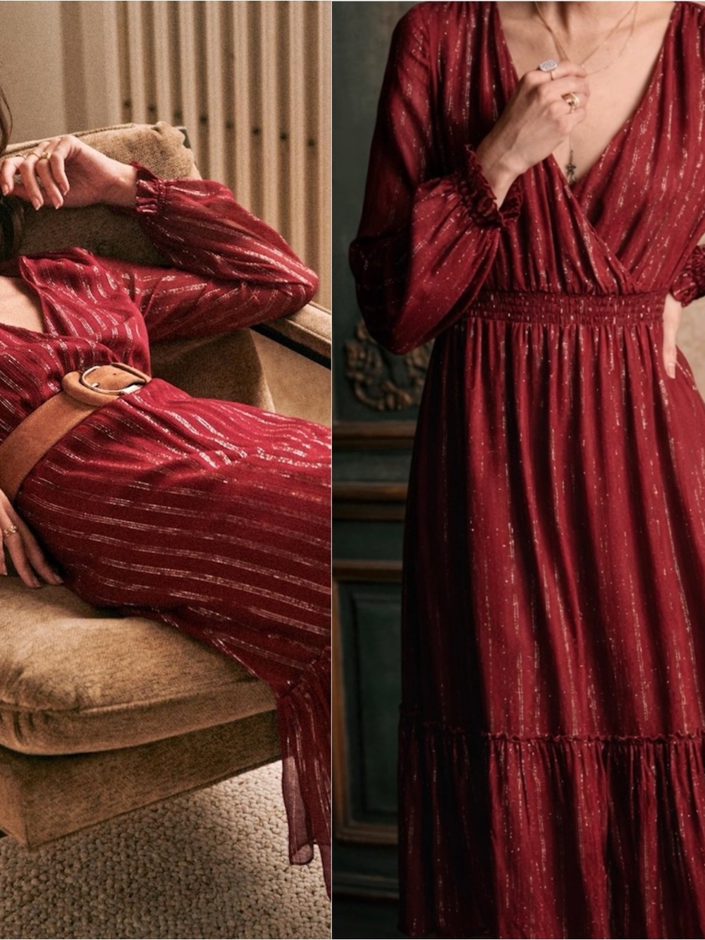 Sezane NWOT Titiane Silk Burgundy Metallic Long Sleeve Midi Dress FR 36 US S (4)